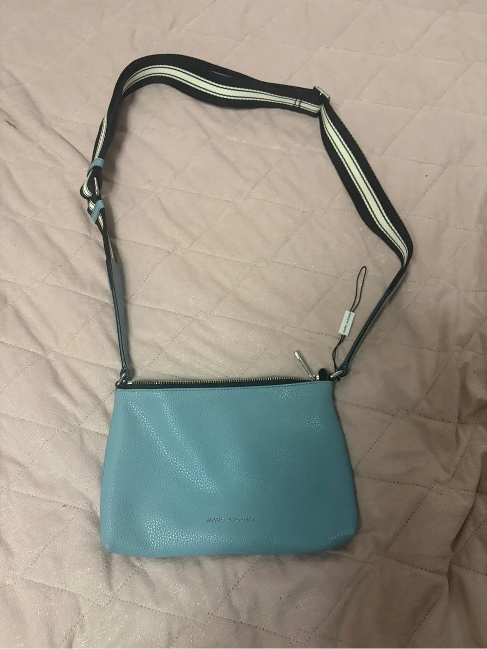 Marc Jacobs Powder Blue Pebbled Leather Crossbody with Striped Strap never worn